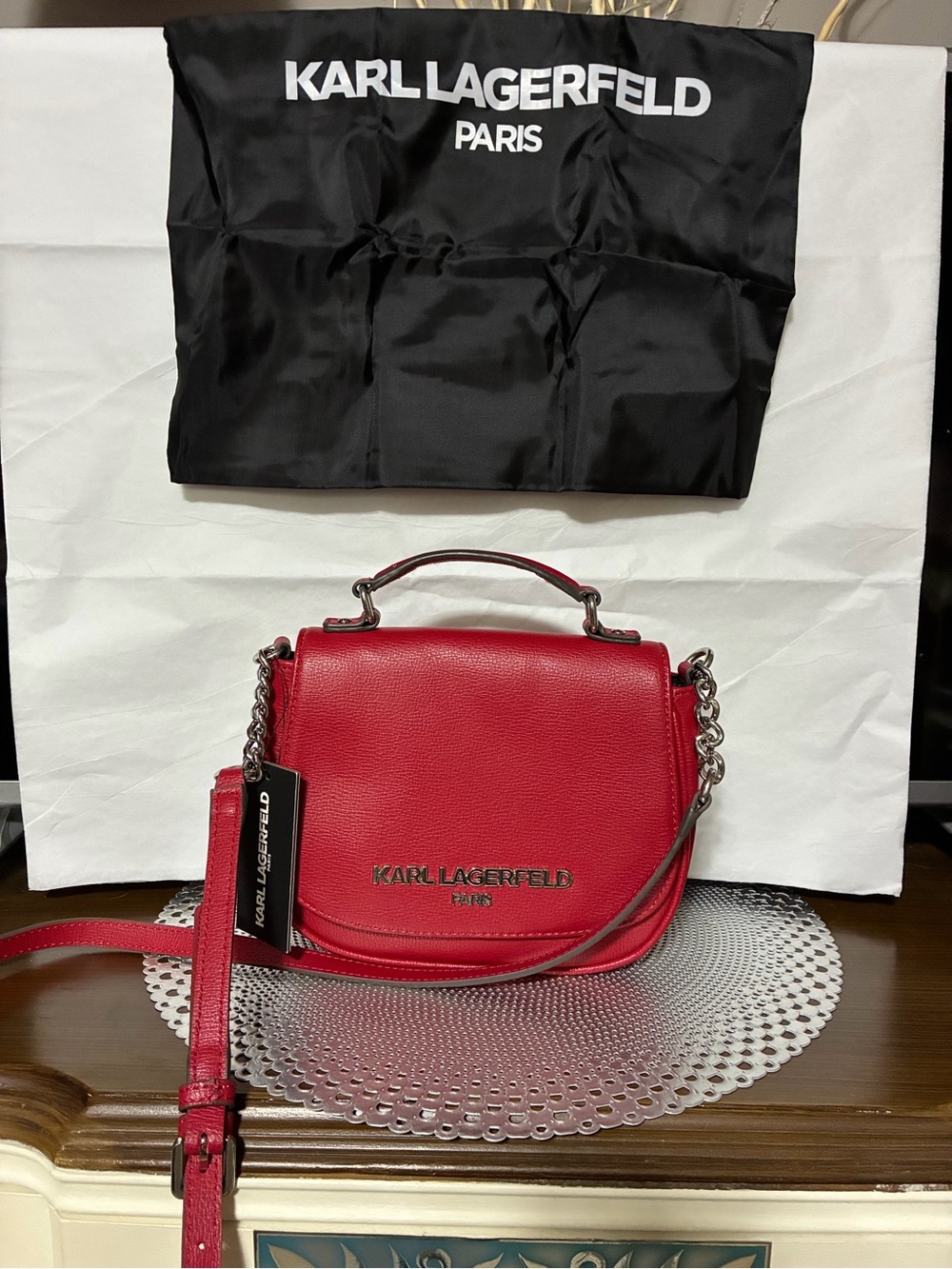Karl Lagerfeld Paris Red Leather Top-Handle Crossbody